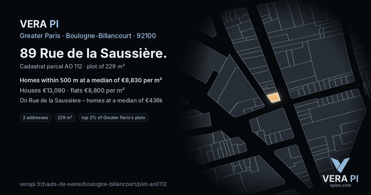 89 Rue de la Saussière, Boulogne-Billancourt at night – the plot lit, the parcels around coloured by the prices near them