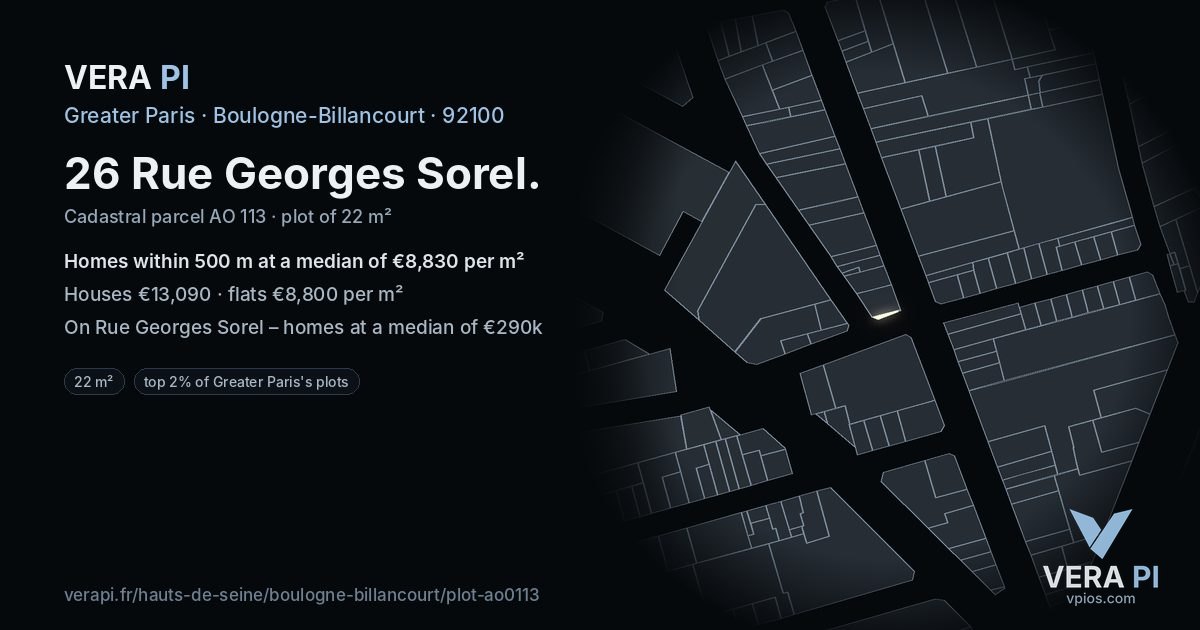 26 Rue Georges Sorel, Boulogne-Billancourt at night – the plot lit, the parcels around coloured by the prices near them