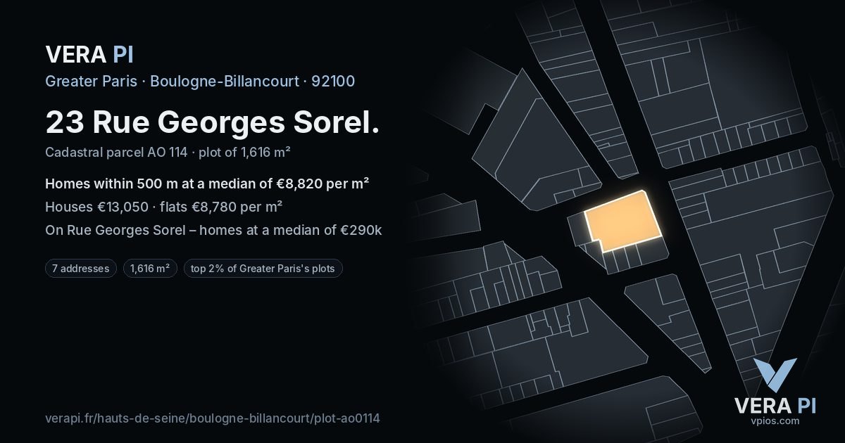 23 Rue Georges Sorel, Boulogne-Billancourt at night – the plot lit, the parcels around coloured by the prices near them