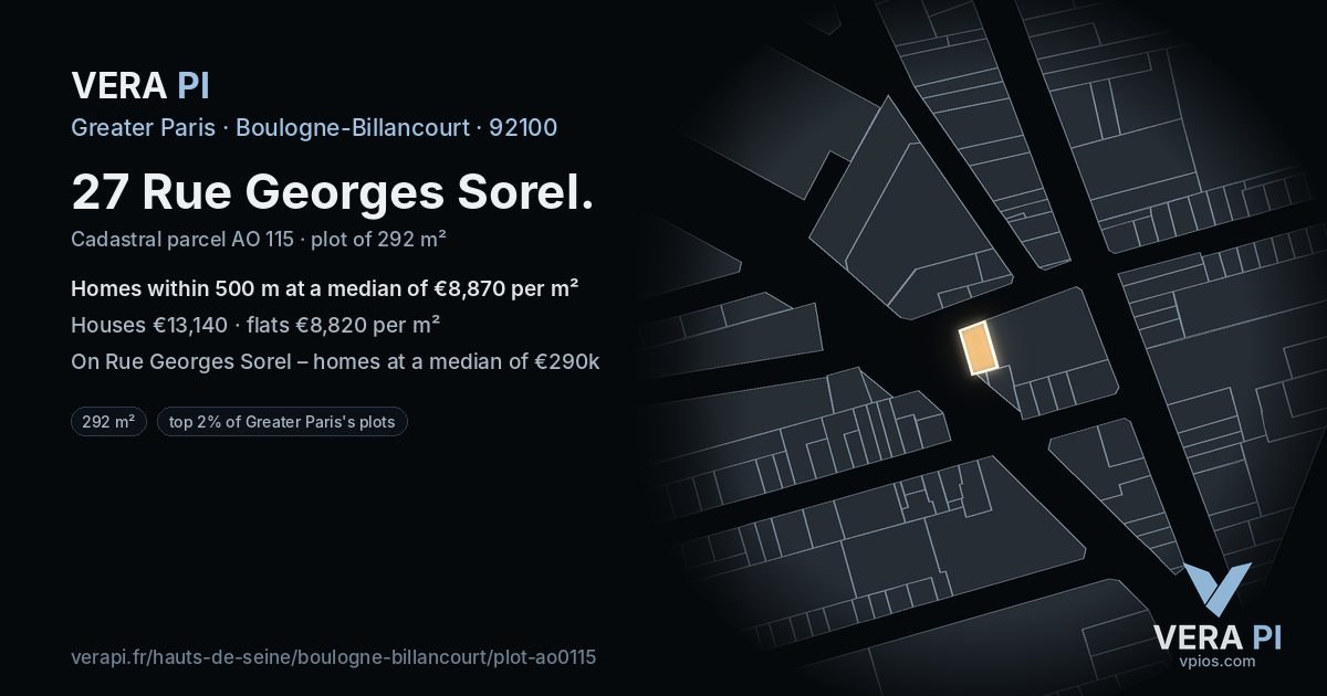 27 Rue Georges Sorel, Boulogne-Billancourt at night – the plot lit, the parcels around coloured by the prices near them