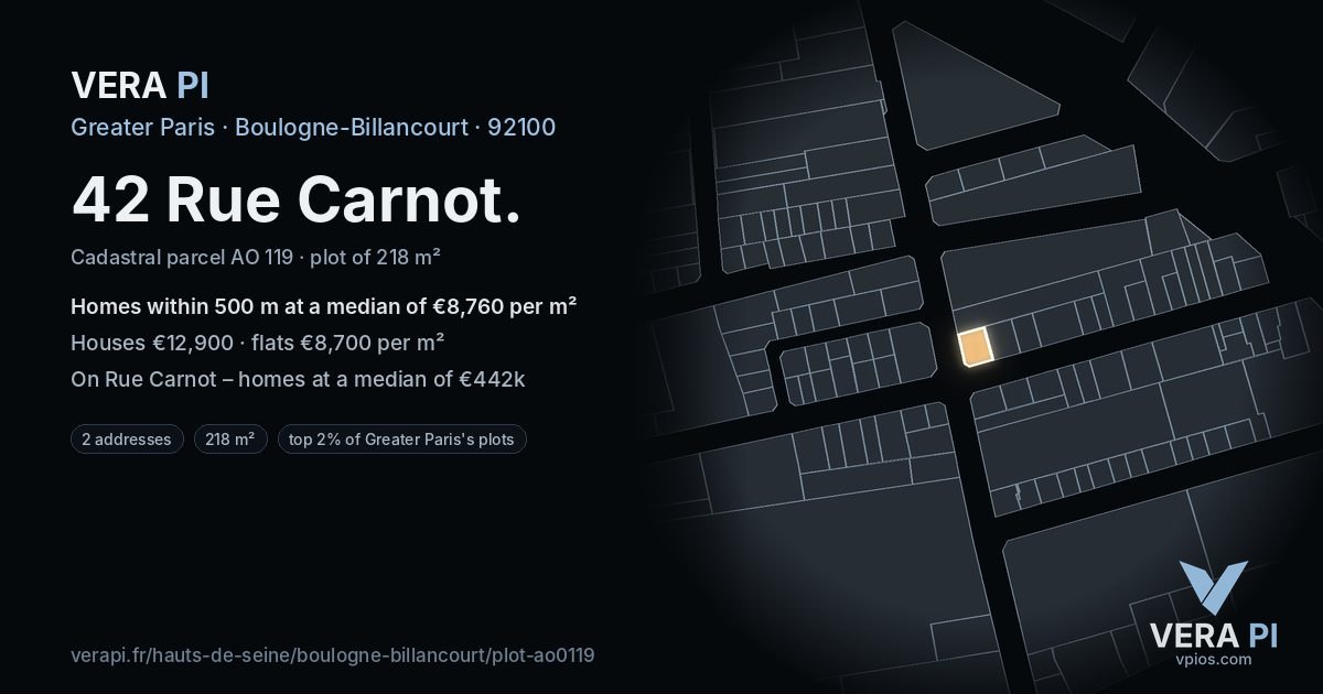 42 Rue Carnot, Boulogne-Billancourt at night – the plot lit, the parcels around coloured by the prices near them