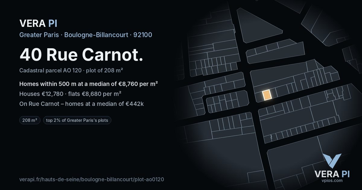 40 Rue Carnot, Boulogne-Billancourt at night – the plot lit, the parcels around coloured by the prices near them