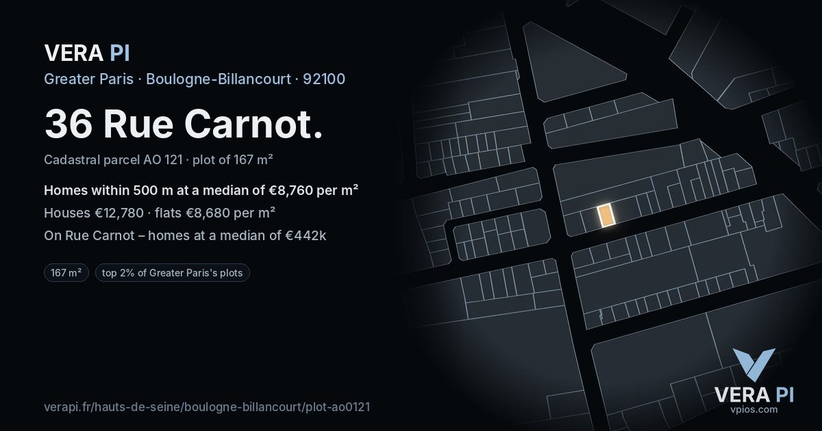 36 Rue Carnot, Boulogne-Billancourt at night – the plot lit, the parcels around coloured by the prices near them