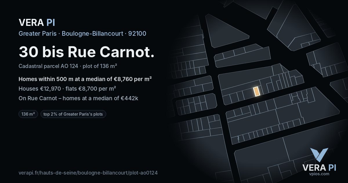30 bis Rue Carnot, Boulogne-Billancourt at night – the plot lit, the parcels around coloured by the prices near them