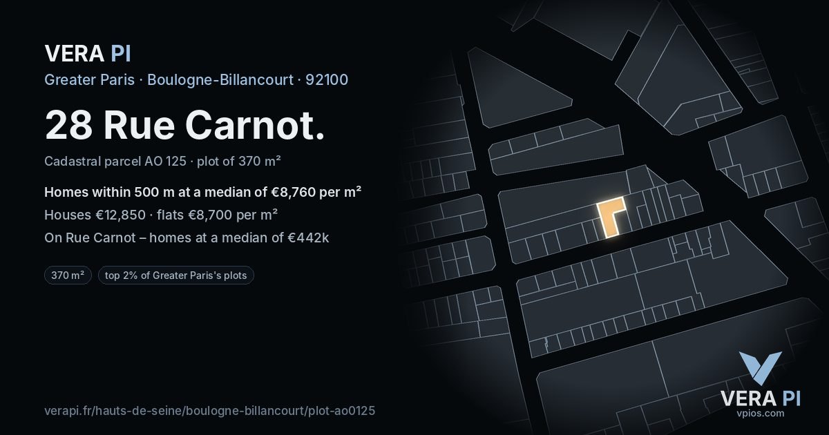 28 Rue Carnot, Boulogne-Billancourt at night – the plot lit, the parcels around coloured by the prices near them