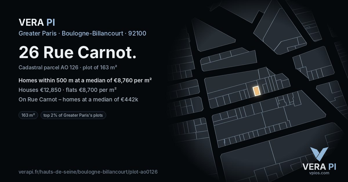 26 Rue Carnot, Boulogne-Billancourt at night – the plot lit, the parcels around coloured by the prices near them