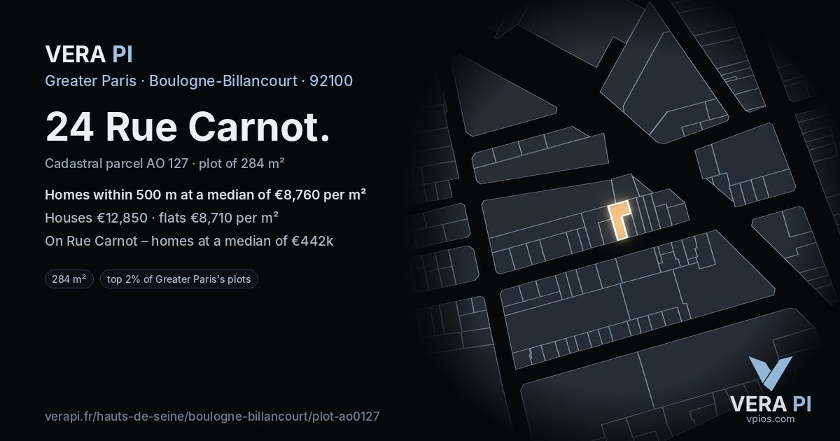 24 Rue Carnot, Boulogne-Billancourt at night – the plot lit, the parcels around coloured by the prices near them