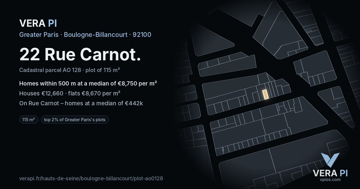 22 Rue Carnot, Boulogne-Billancourt at night – the plot lit, the parcels around coloured by the prices near them