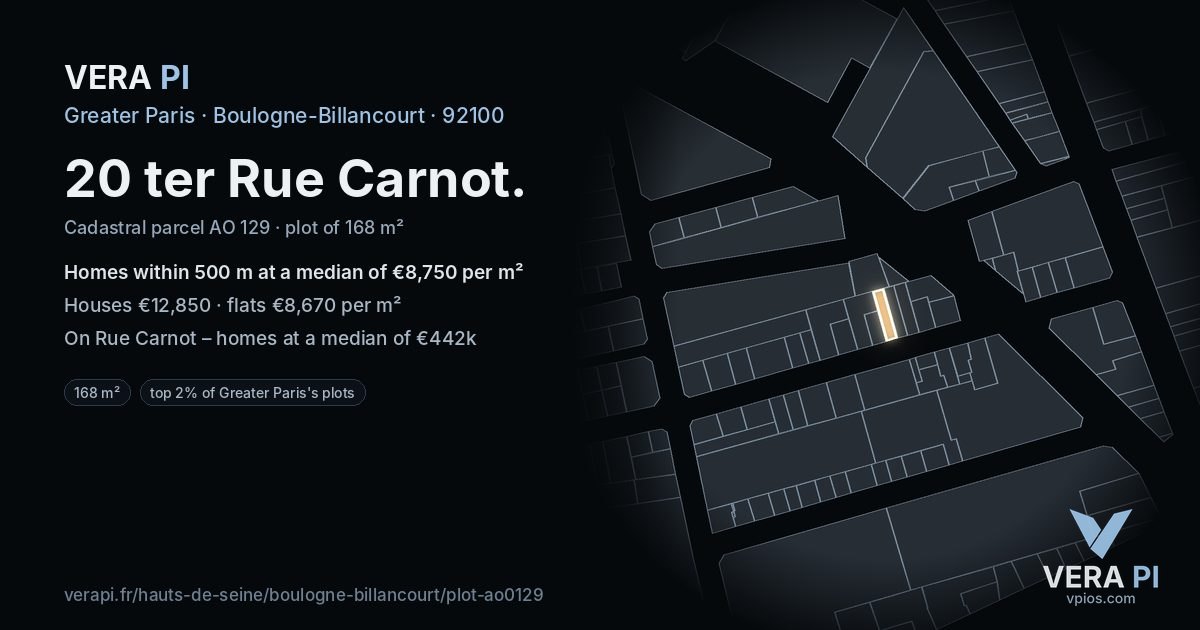 20 ter Rue Carnot, Boulogne-Billancourt at night – the plot lit, the parcels around coloured by the prices near them