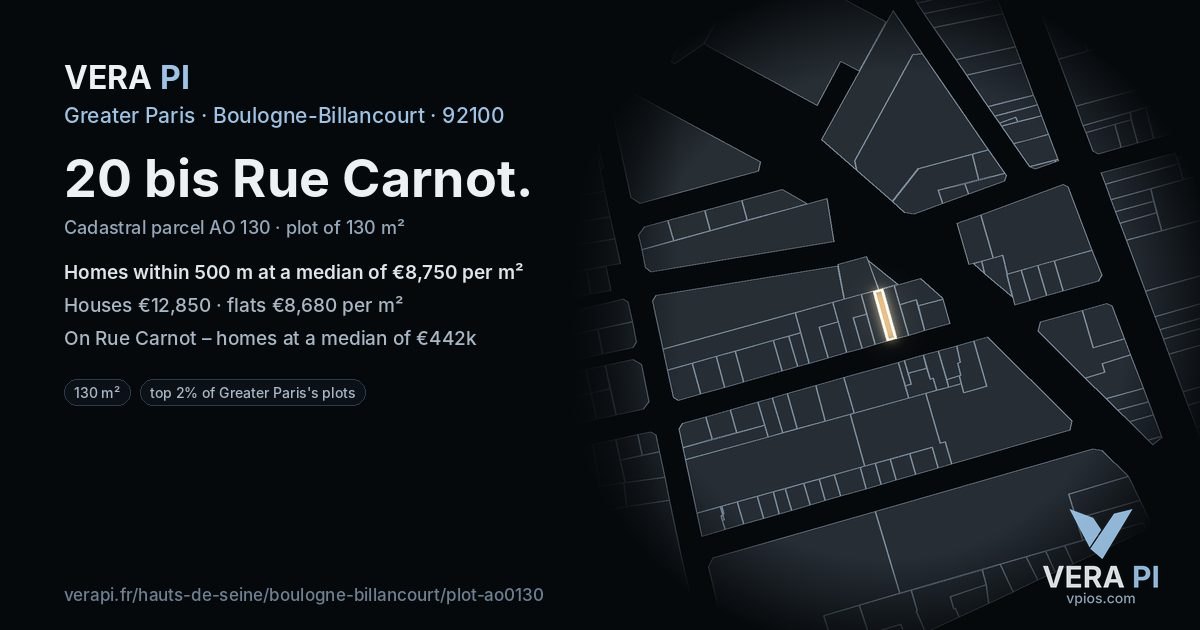 20 bis Rue Carnot, Boulogne-Billancourt at night – the plot lit, the parcels around coloured by the prices near them