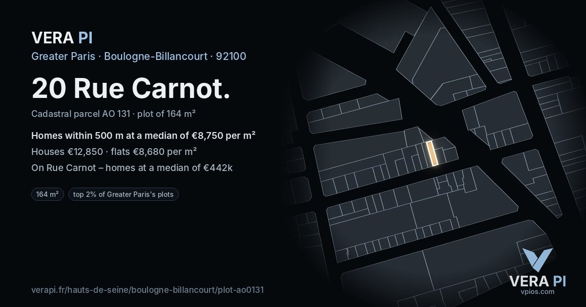 20 Rue Carnot, Boulogne-Billancourt at night – the plot lit, the parcels around coloured by the prices near them