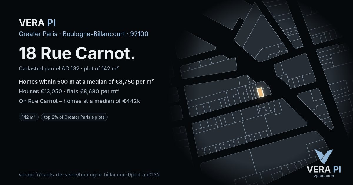 18 Rue Carnot, Boulogne-Billancourt at night – the plot lit, the parcels around coloured by the prices near them