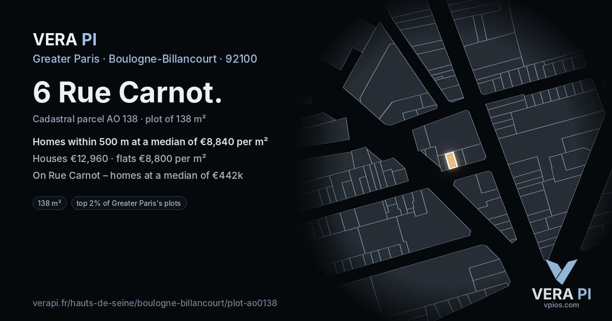 6 Rue Carnot, Boulogne-Billancourt at night – the plot lit, the parcels around coloured by the prices near them