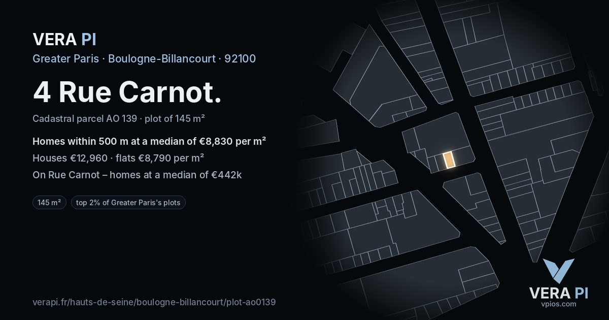 4 Rue Carnot, Boulogne-Billancourt at night – the plot lit, the parcels around coloured by the prices near them