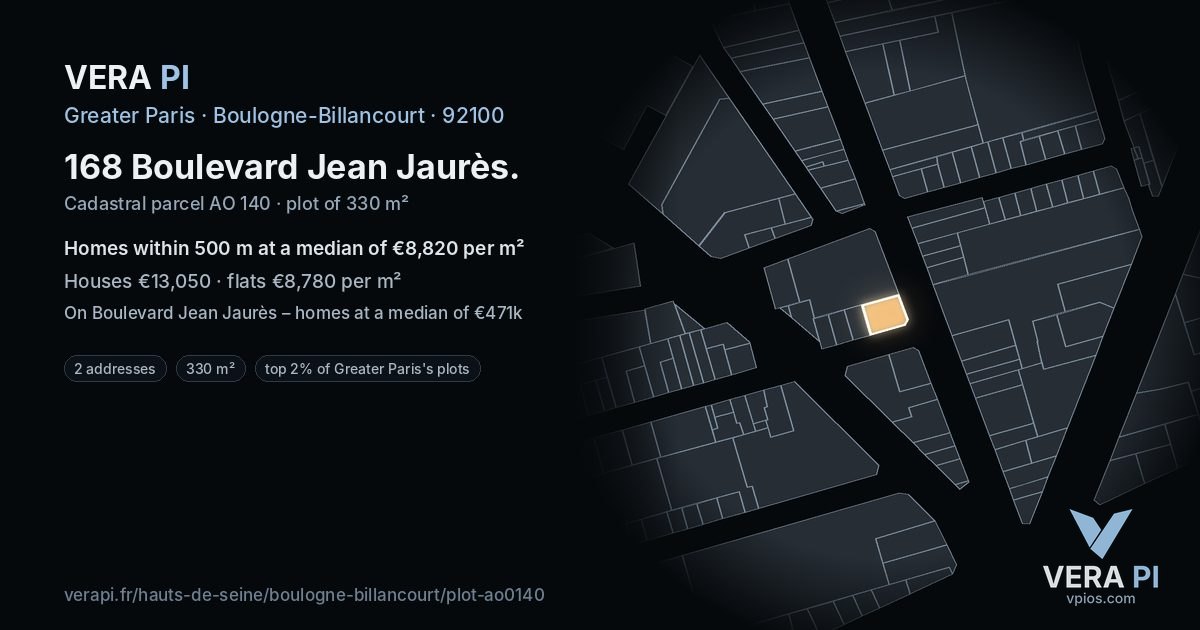 168 Boulevard Jean Jaurès, Boulogne-Billancourt at night – the plot lit, the parcels around coloured by the prices near them