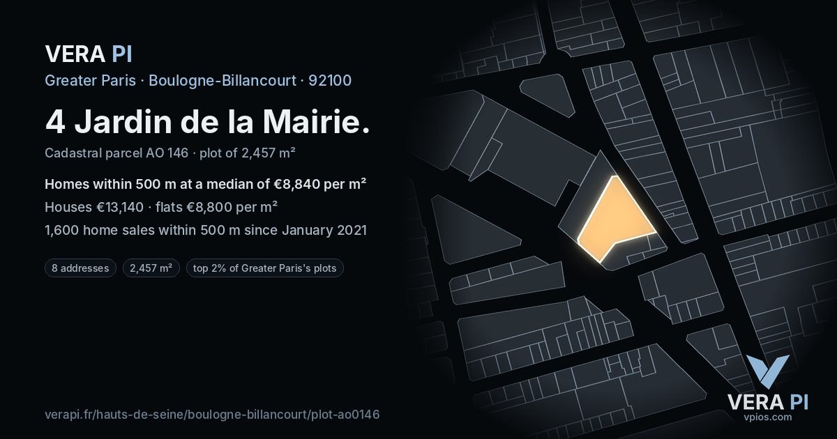 4 Jardin de la Mairie, Boulogne-Billancourt at night – the plot lit, the parcels around coloured by the prices near them
