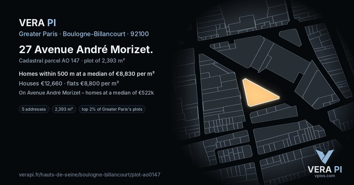 27 Avenue André Morizet, Boulogne-Billancourt at night – the plot lit, the parcels around coloured by the prices near them