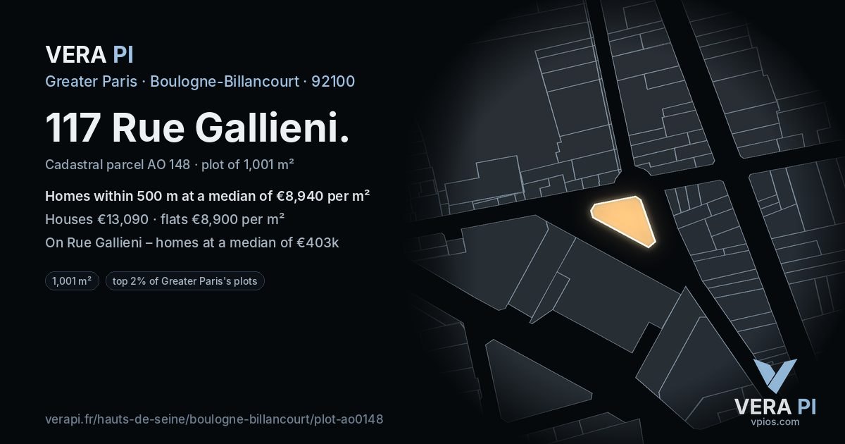 117 Rue Gallieni, Boulogne-Billancourt at night – the plot lit, the parcels around coloured by the prices near them