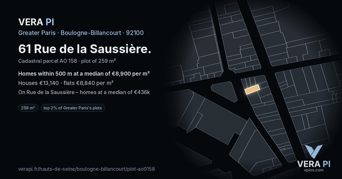 61 Rue de la Saussière, Boulogne-Billancourt at night – the plot lit, the parcels around coloured by the prices near them