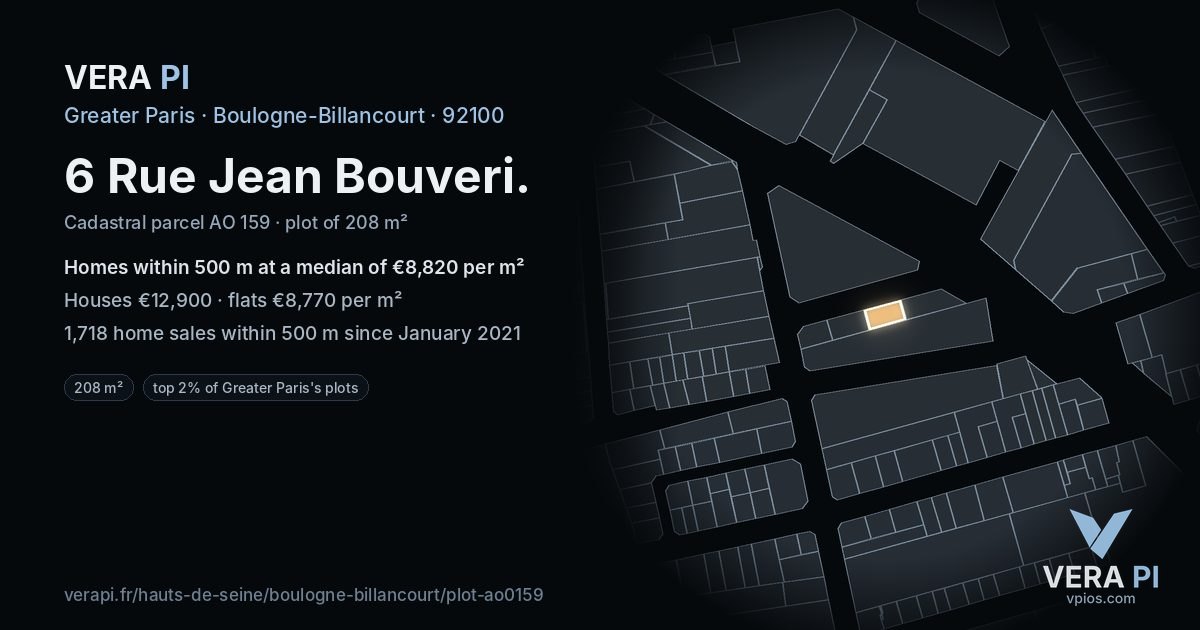 6 Rue Jean Bouveri, Boulogne-Billancourt at night – the plot lit, the parcels around coloured by the prices near them