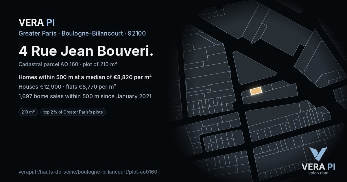4 Rue Jean Bouveri, Boulogne-Billancourt at night – the plot lit, the parcels around coloured by the prices near them