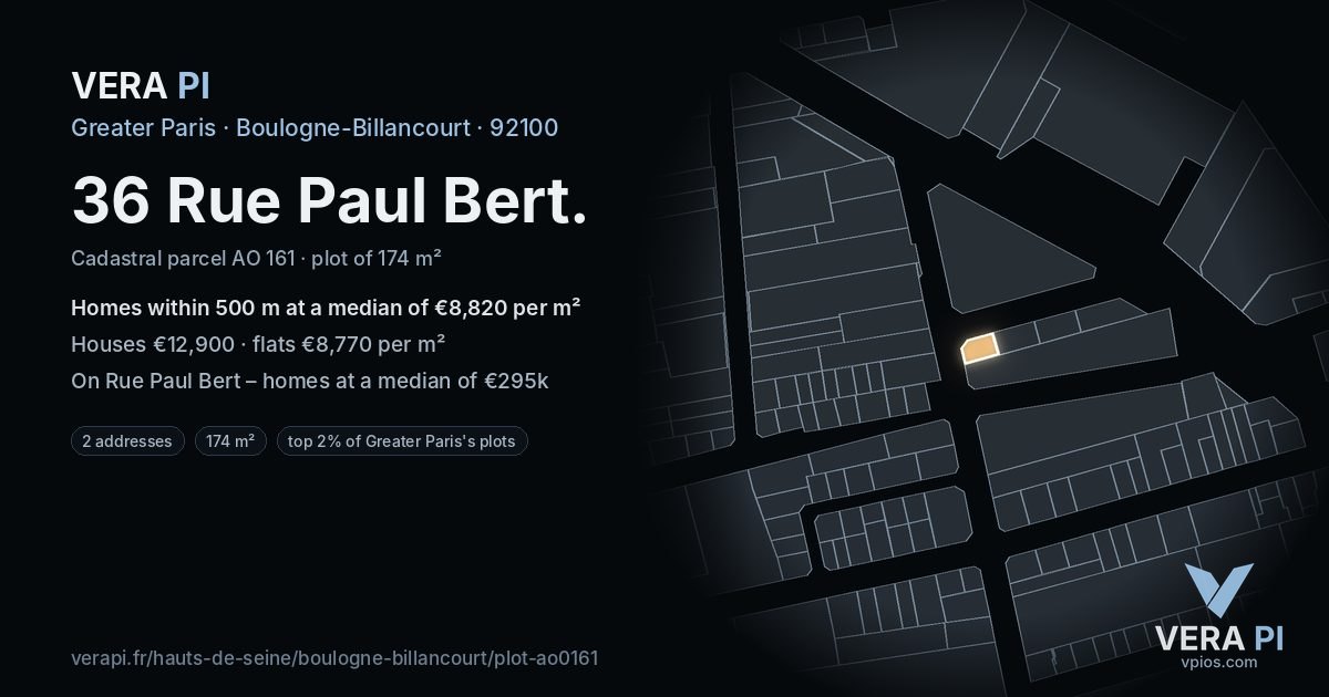 36 Rue Paul Bert, Boulogne-Billancourt at night – the plot lit, the parcels around coloured by the prices near them