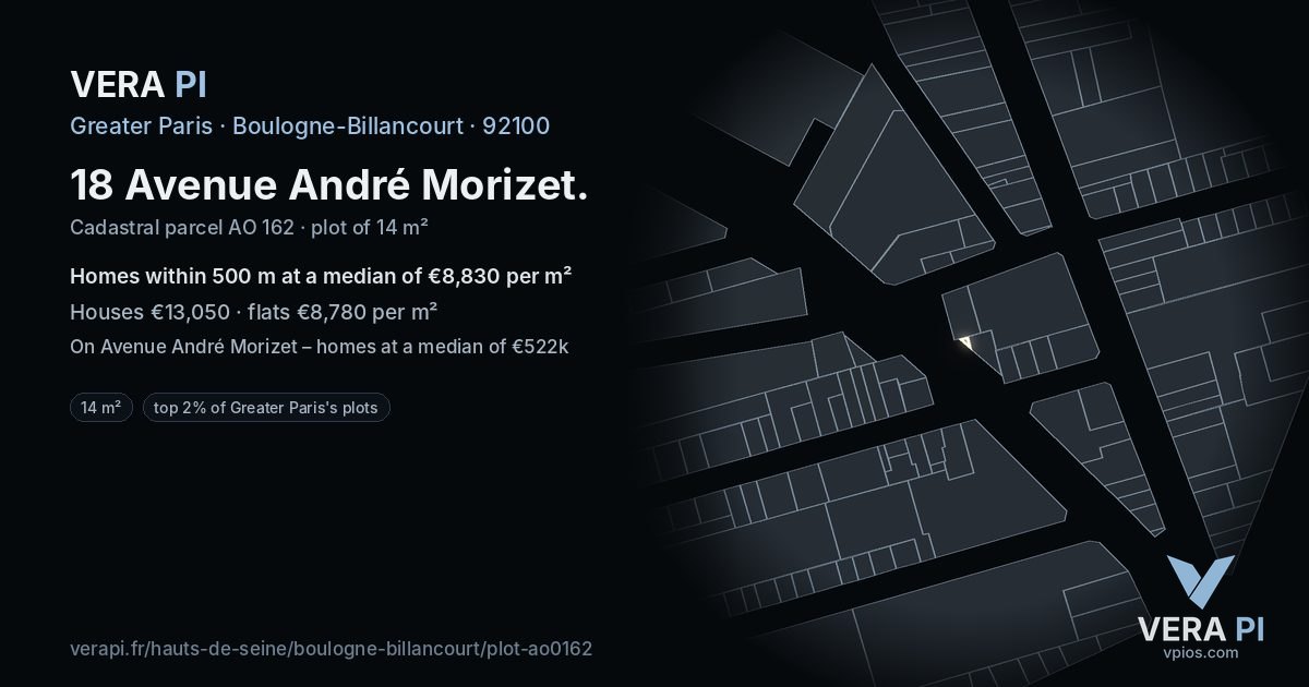 18 Avenue André Morizet, Boulogne-Billancourt at night – the plot lit, the parcels around coloured by the prices near them