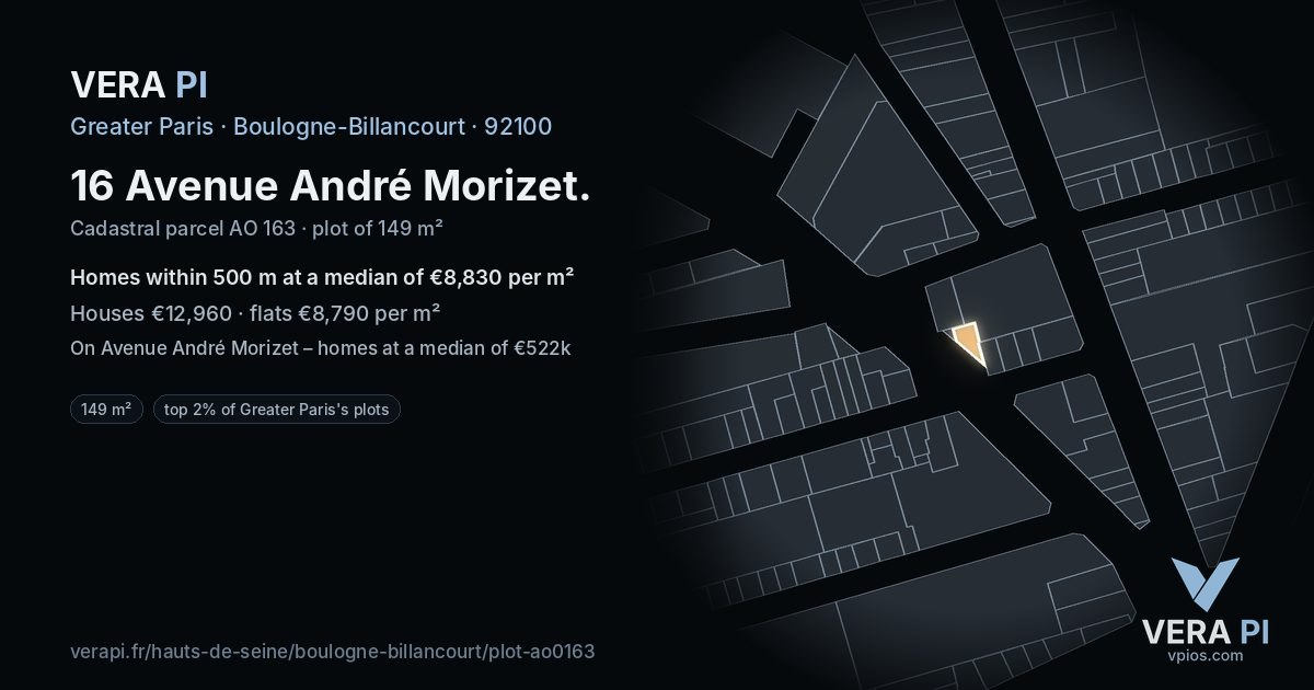 16 Avenue André Morizet, Boulogne-Billancourt at night – the plot lit, the parcels around coloured by the prices near them