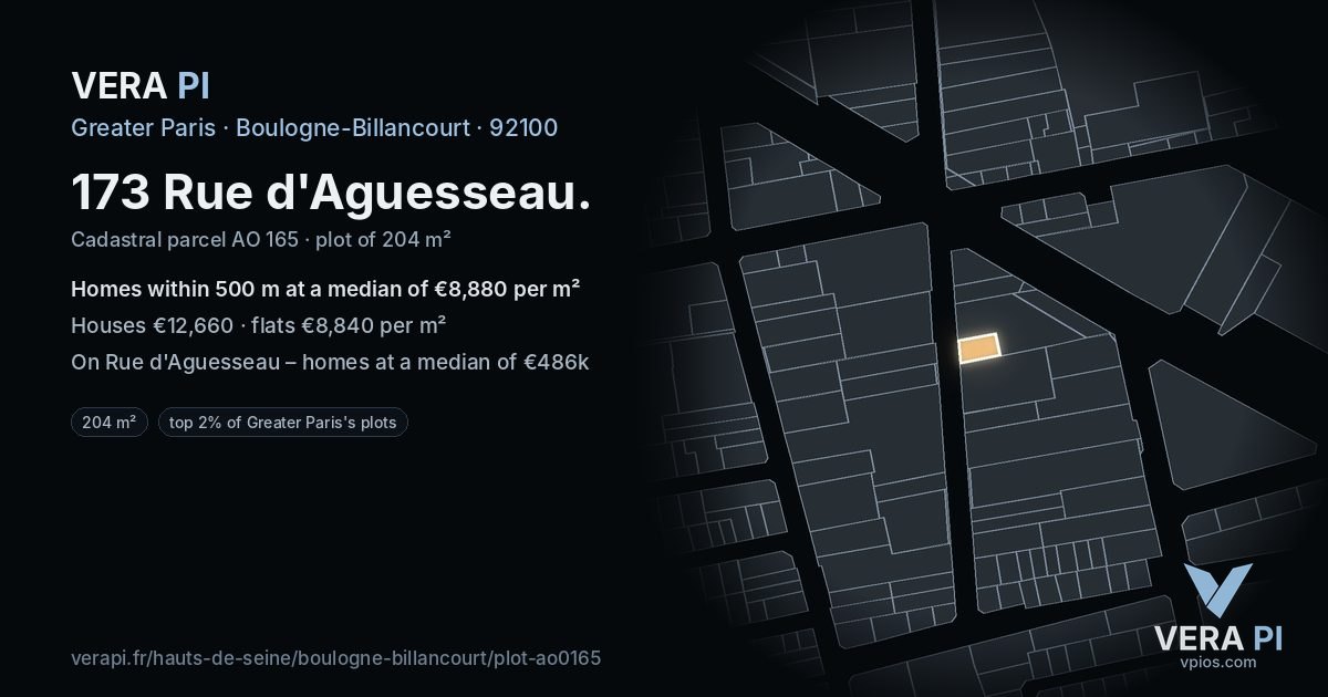 173 Rue d'Aguesseau, Boulogne-Billancourt at night – the plot lit, the parcels around coloured by the prices near them