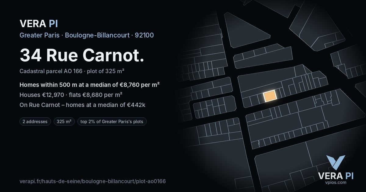34 Rue Carnot, Boulogne-Billancourt at night – the plot lit, the parcels around coloured by the prices near them