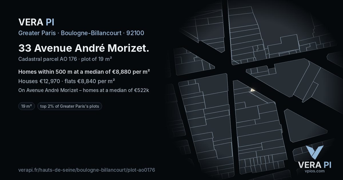 33 Avenue André Morizet, Boulogne-Billancourt at night – the plot lit, the parcels around coloured by the prices near them