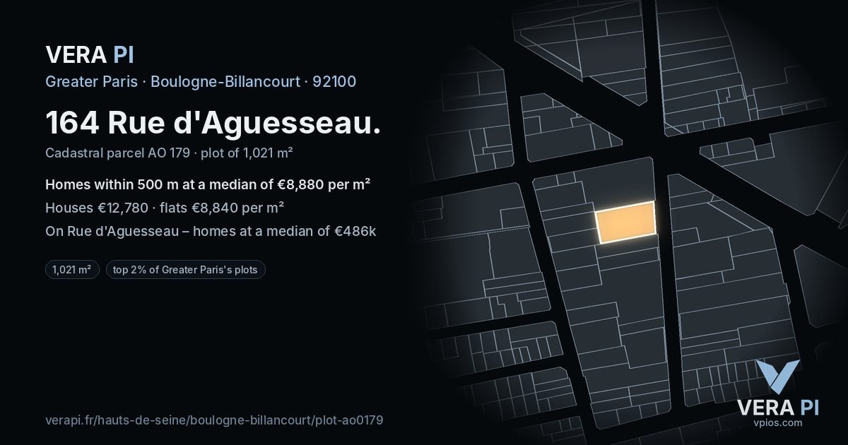 164 Rue d'Aguesseau, Boulogne-Billancourt at night – the plot lit, the parcels around coloured by the prices near them