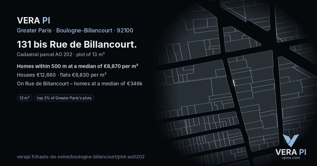 131 bis Rue de Billancourt, Boulogne-Billancourt at night – the plot lit, the parcels around coloured by the prices near them