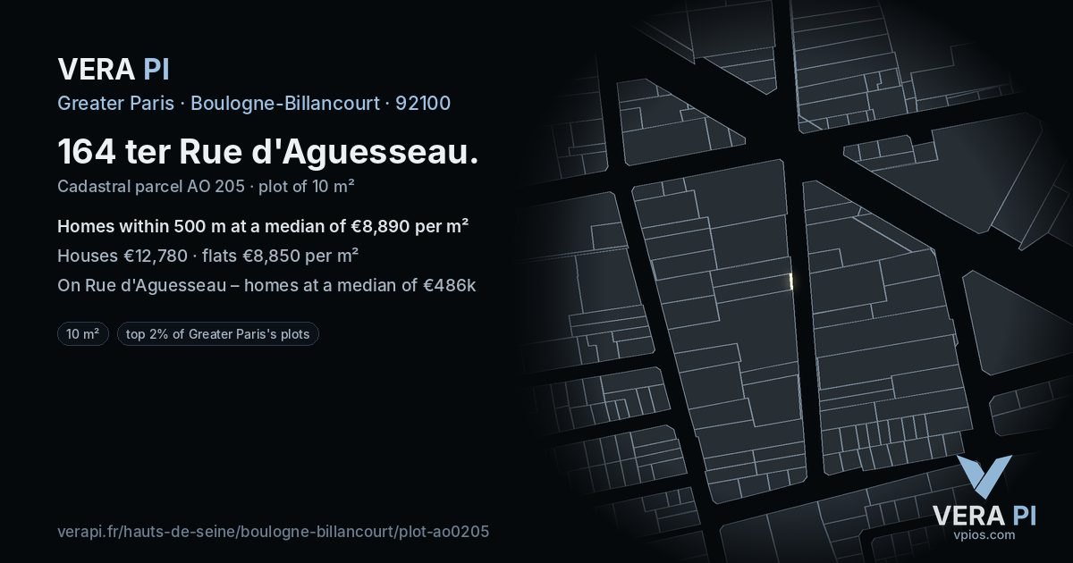 164 ter Rue d'Aguesseau, Boulogne-Billancourt at night – the plot lit, the parcels around coloured by the prices near them