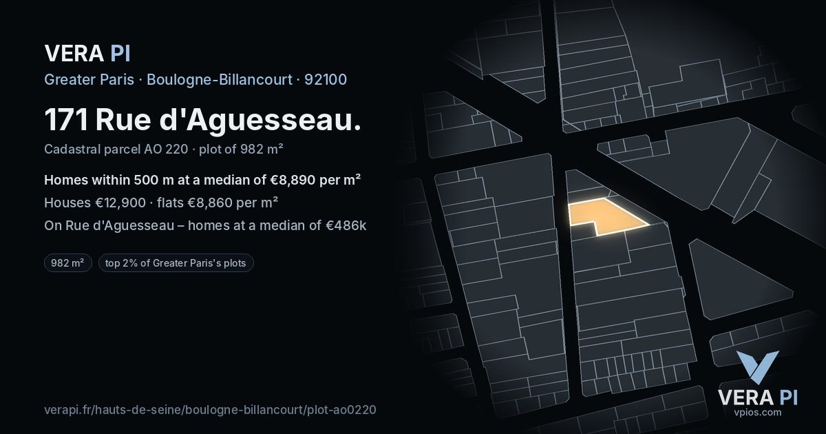 171 Rue d'Aguesseau, Boulogne-Billancourt at night – the plot lit, the parcels around coloured by the prices near them