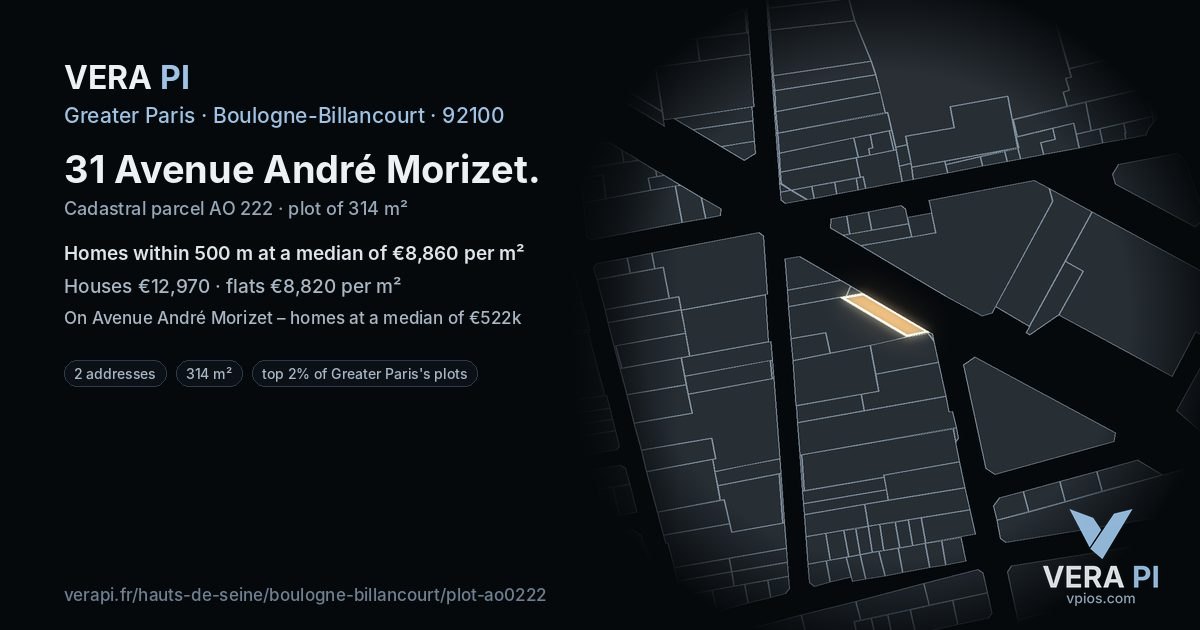 31 Avenue André Morizet, Boulogne-Billancourt at night – the plot lit, the parcels around coloured by the prices near them