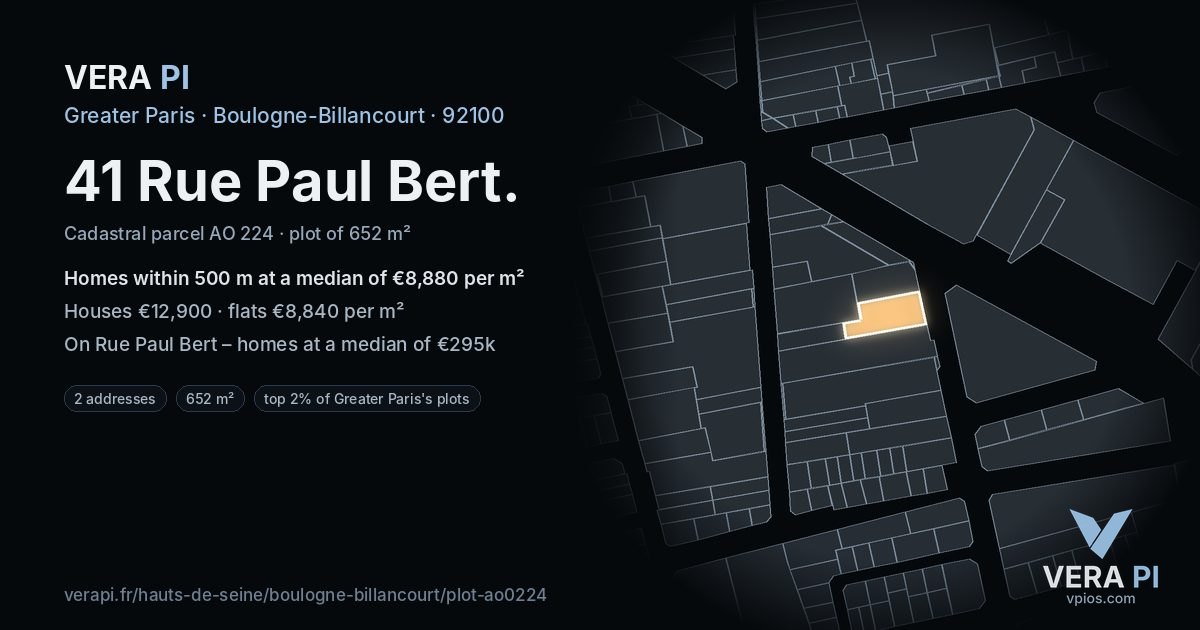 41 Rue Paul Bert, Boulogne-Billancourt at night – the plot lit, the parcels around coloured by the prices near them