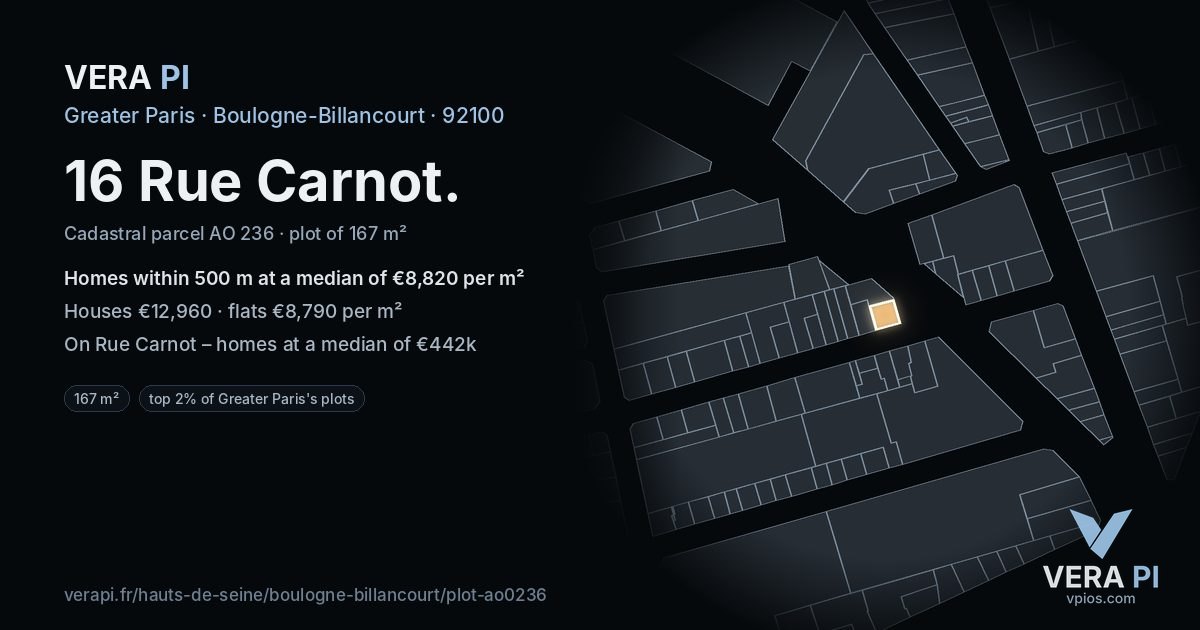 16 Rue Carnot, Boulogne-Billancourt at night – the plot lit, the parcels around coloured by the prices near them