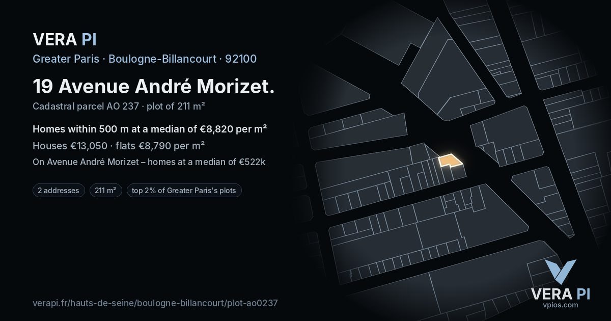 19 Avenue André Morizet, Boulogne-Billancourt at night – the plot lit, the parcels around coloured by the prices near them