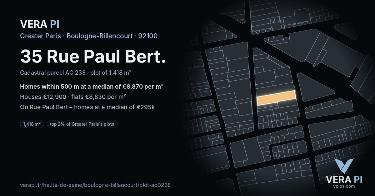 35 Rue Paul Bert, Boulogne-Billancourt at night – the plot lit, the parcels around coloured by the prices near them