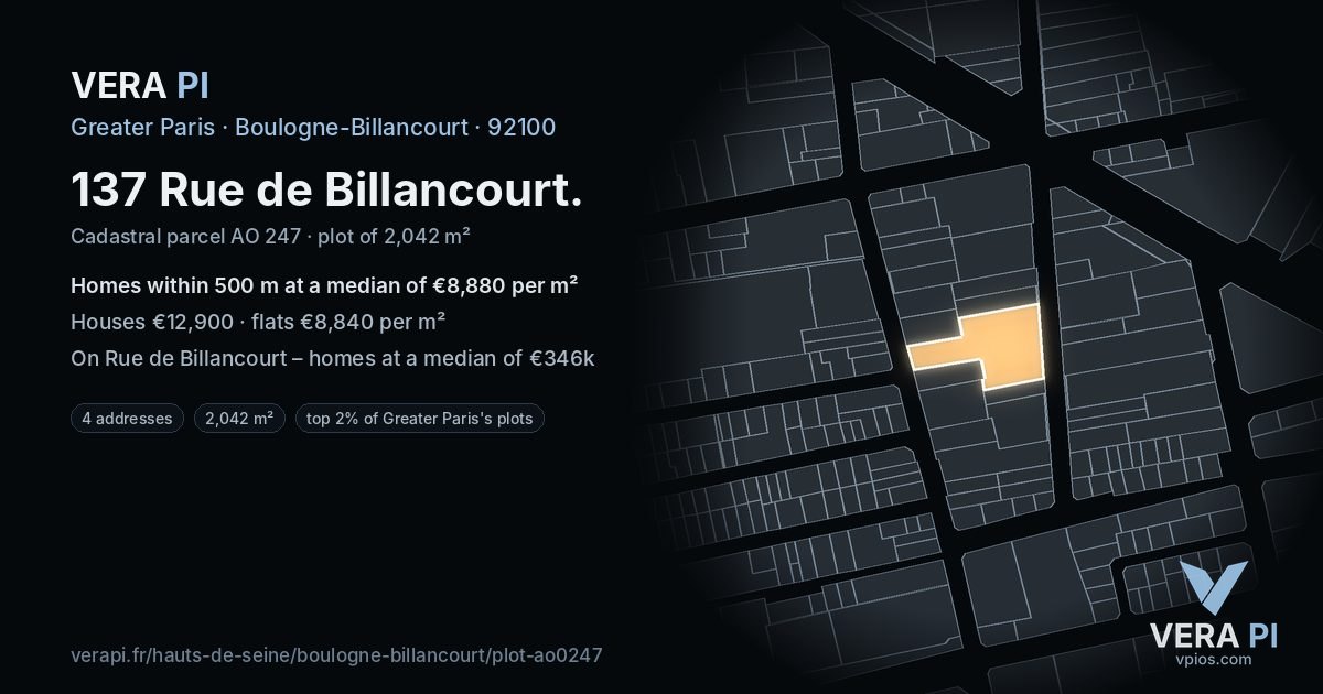 137 Rue de Billancourt, Boulogne-Billancourt at night – the plot lit, the parcels around coloured by the prices near them