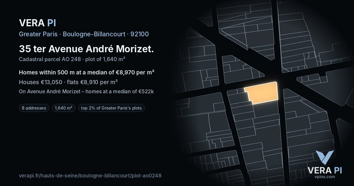 35 ter Avenue André Morizet, Boulogne-Billancourt at night – the plot lit, the parcels around coloured by the prices near them
