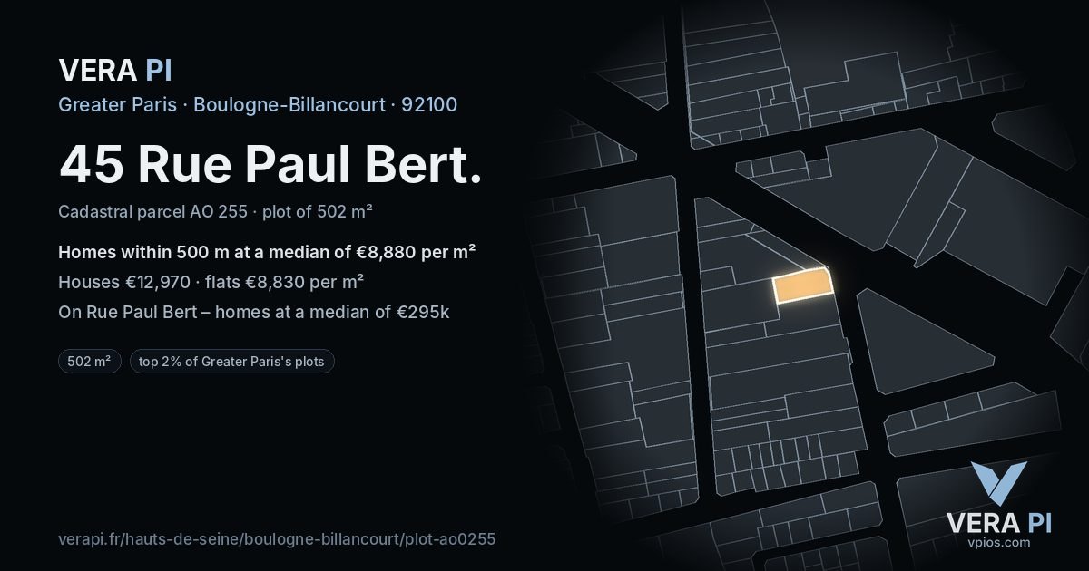 45 Rue Paul Bert, Boulogne-Billancourt at night – the plot lit, the parcels around coloured by the prices near them