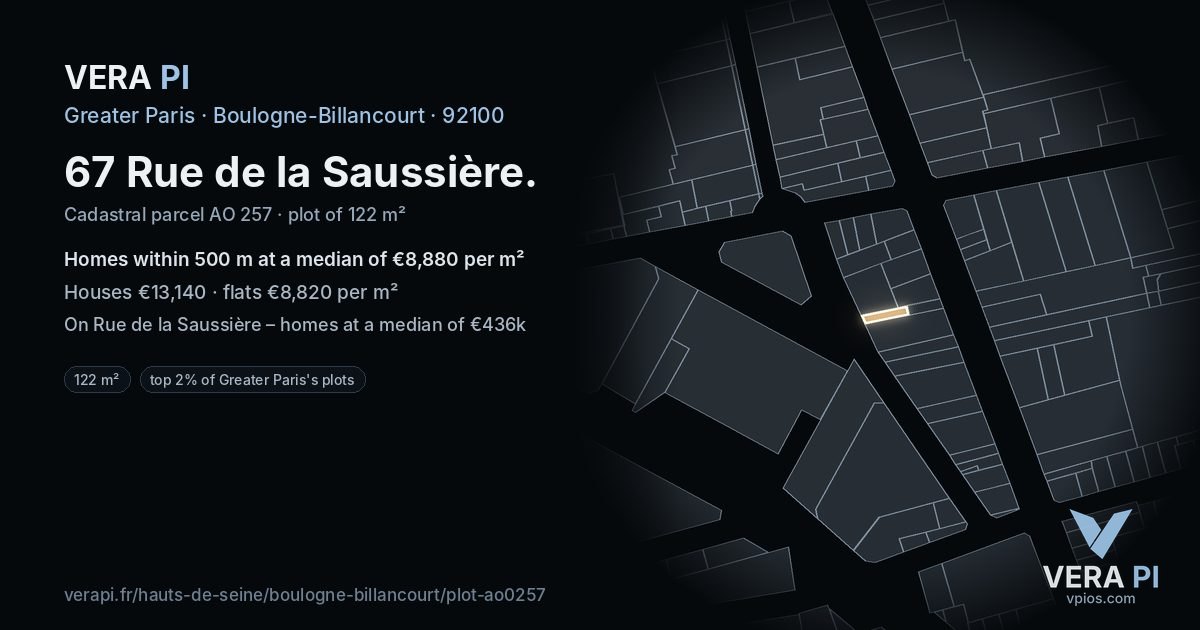 67 Rue de la Saussière, Boulogne-Billancourt at night – the plot lit, the parcels around coloured by the prices near them