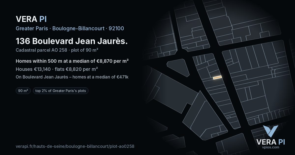 136 Boulevard Jean Jaurès, Boulogne-Billancourt at night – the plot lit, the parcels around coloured by the prices near them