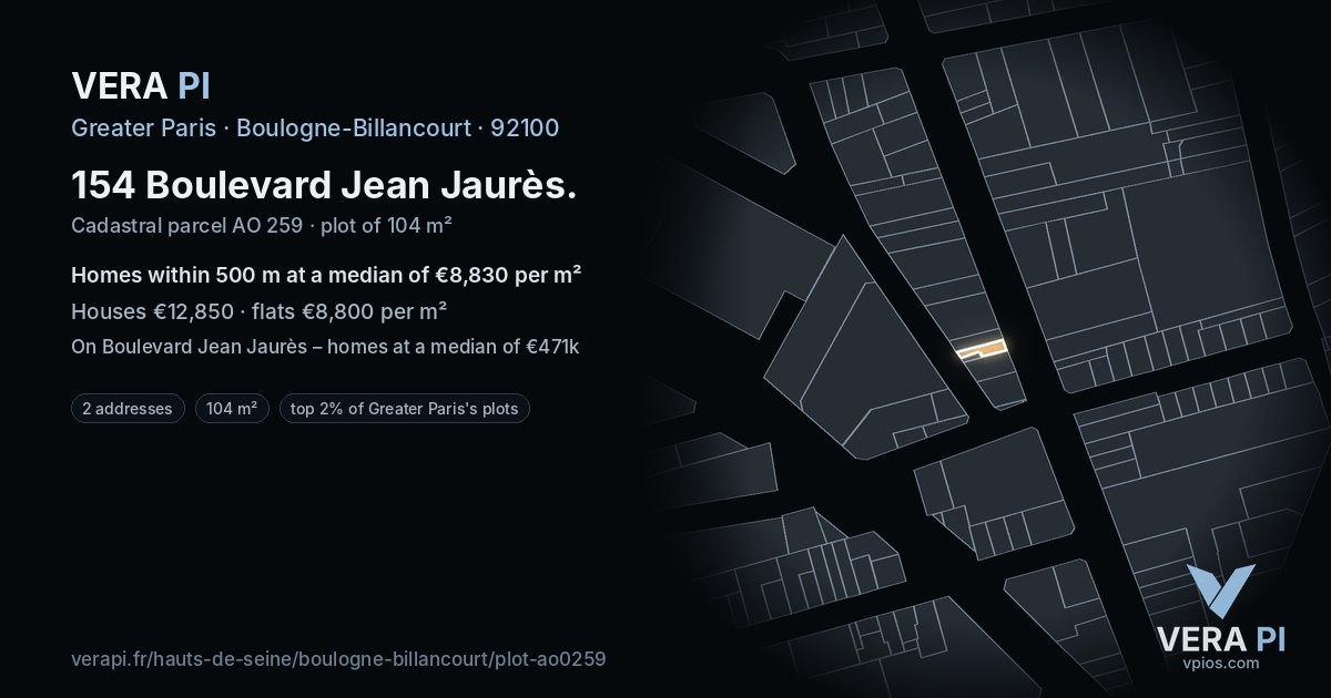 154 Boulevard Jean Jaurès, Boulogne-Billancourt at night – the plot lit, the parcels around coloured by the prices near them