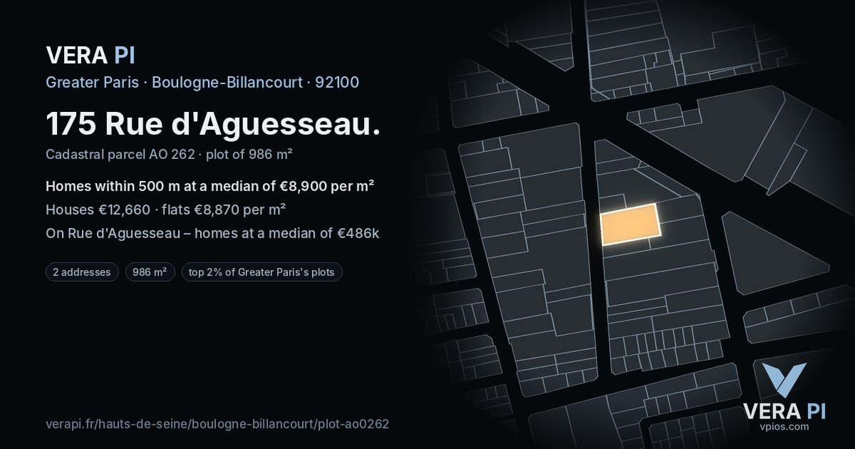 175 Rue d'Aguesseau, Boulogne-Billancourt at night – the plot lit, the parcels around coloured by the prices near them