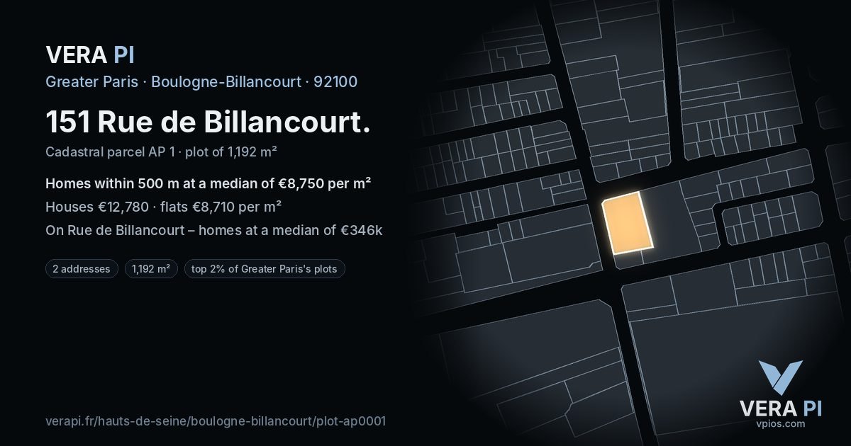 151 Rue de Billancourt, Boulogne-Billancourt at night – the plot lit, the parcels around coloured by the prices near them