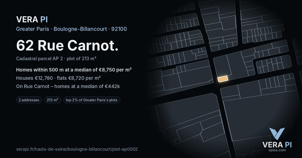 62 Rue Carnot, Boulogne-Billancourt at night – the plot lit, the parcels around coloured by the prices near them