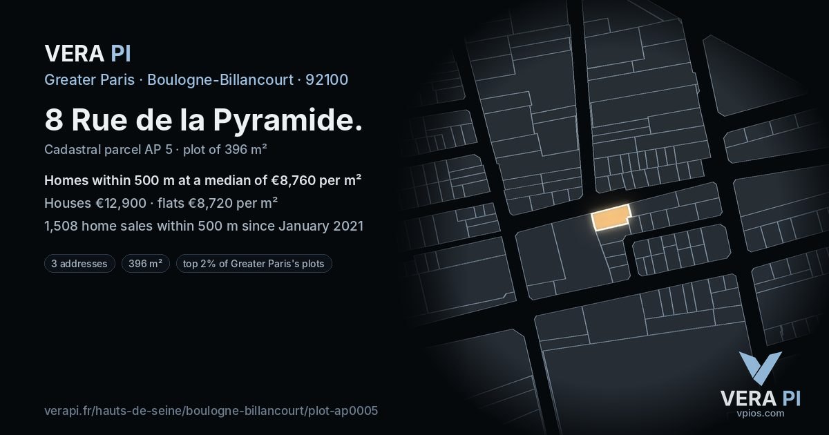 8 Rue de la Pyramide, Boulogne-Billancourt at night – the plot lit, the parcels around coloured by the prices near them